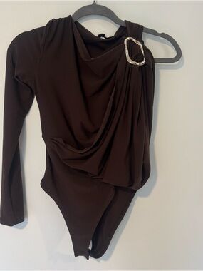 Zara Dark Brown One Shoulder Bodysuit with Gold Accent